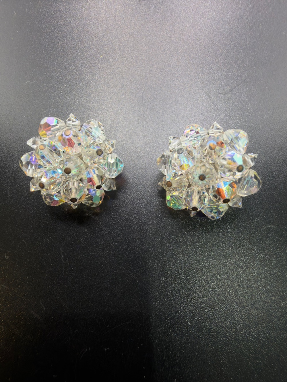 Vintage LAGUNA Aurora Borealis Clear Glass Beaded Clip Earrings